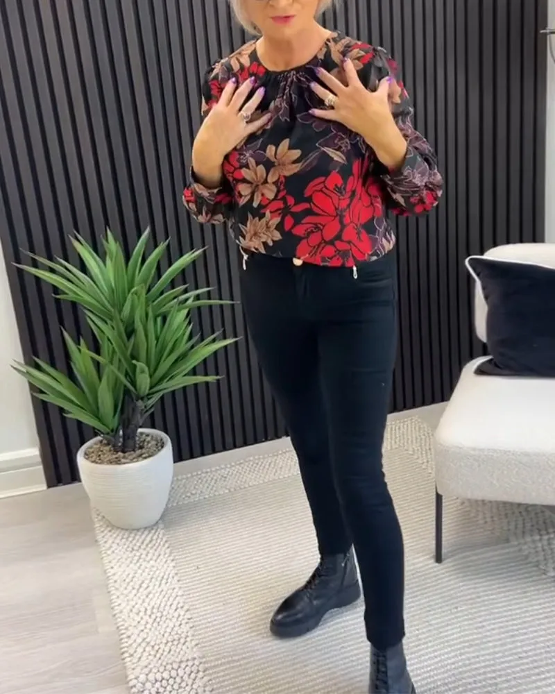 Elegant floral print crew neck pleated top