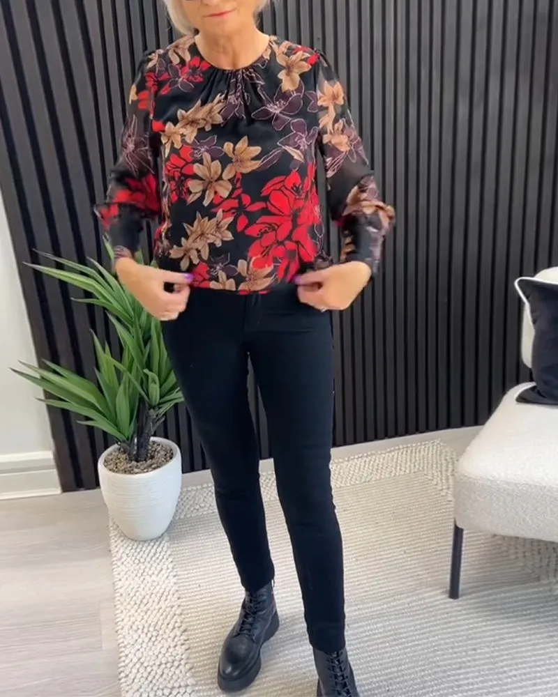 Elegant floral print crew neck pleated top