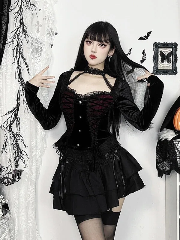 Elegant goth lace-up ribbon top