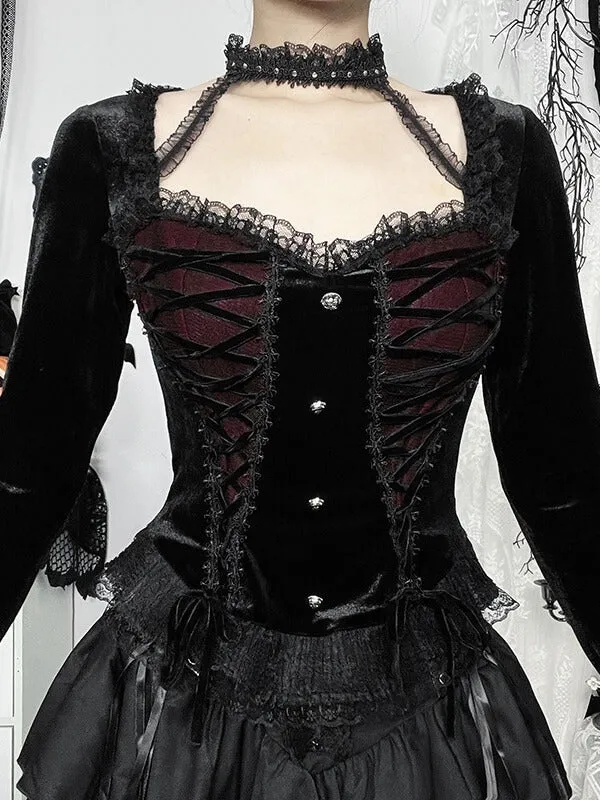 Elegant goth lace-up ribbon top