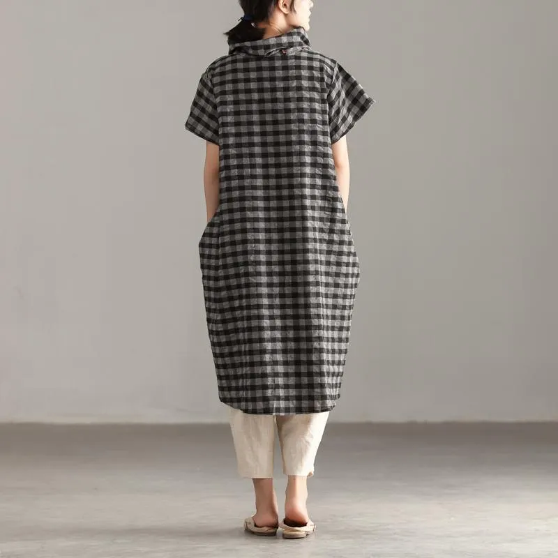 Elegant linen cotton tops plus size Mock Neck Short Sleeve Lattice Irregular Tops