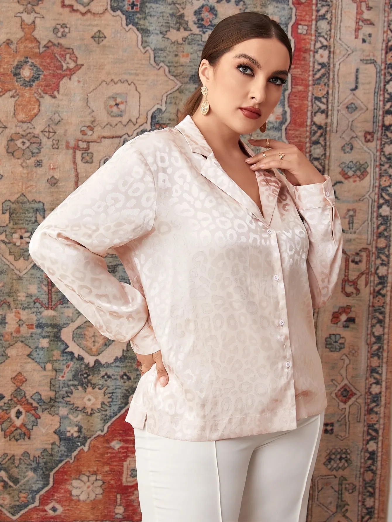 Elegant Plain Button Front Long Sleeve Lapel Long Plus Size Blouse