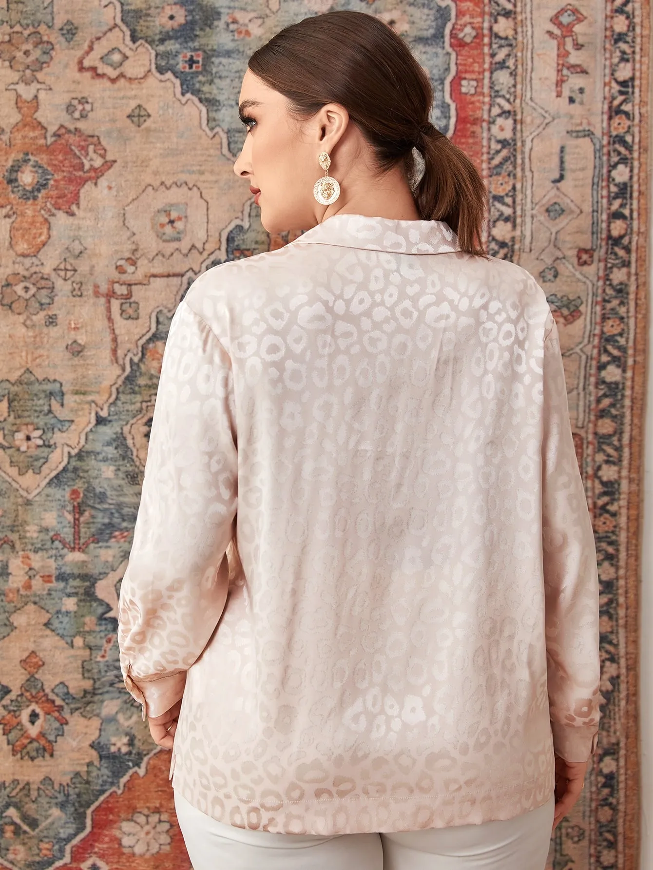 Elegant Plain Button Front Long Sleeve Lapel Long Plus Size Blouse