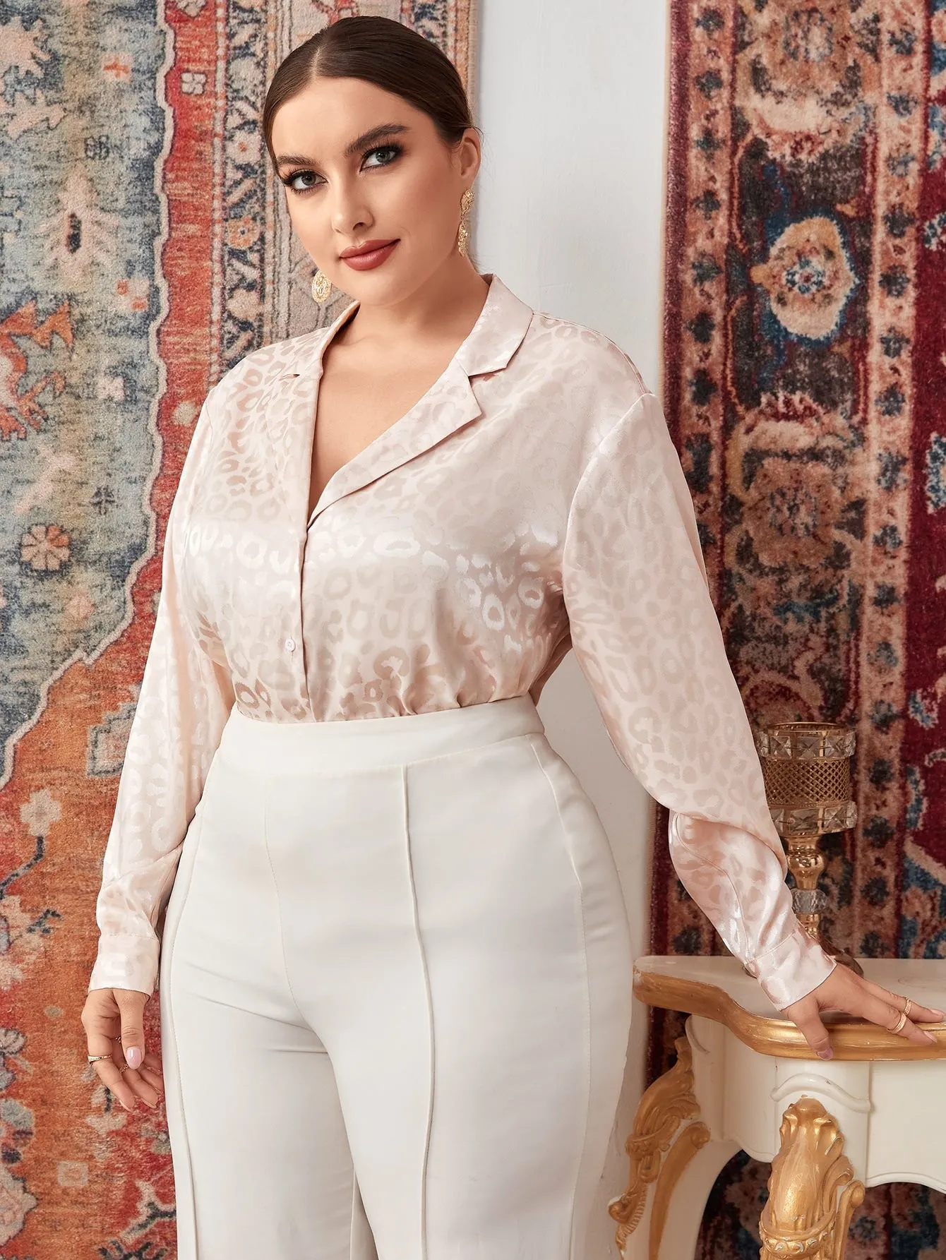 Elegant Plain Button Front Long Sleeve Lapel Long Plus Size Blouse