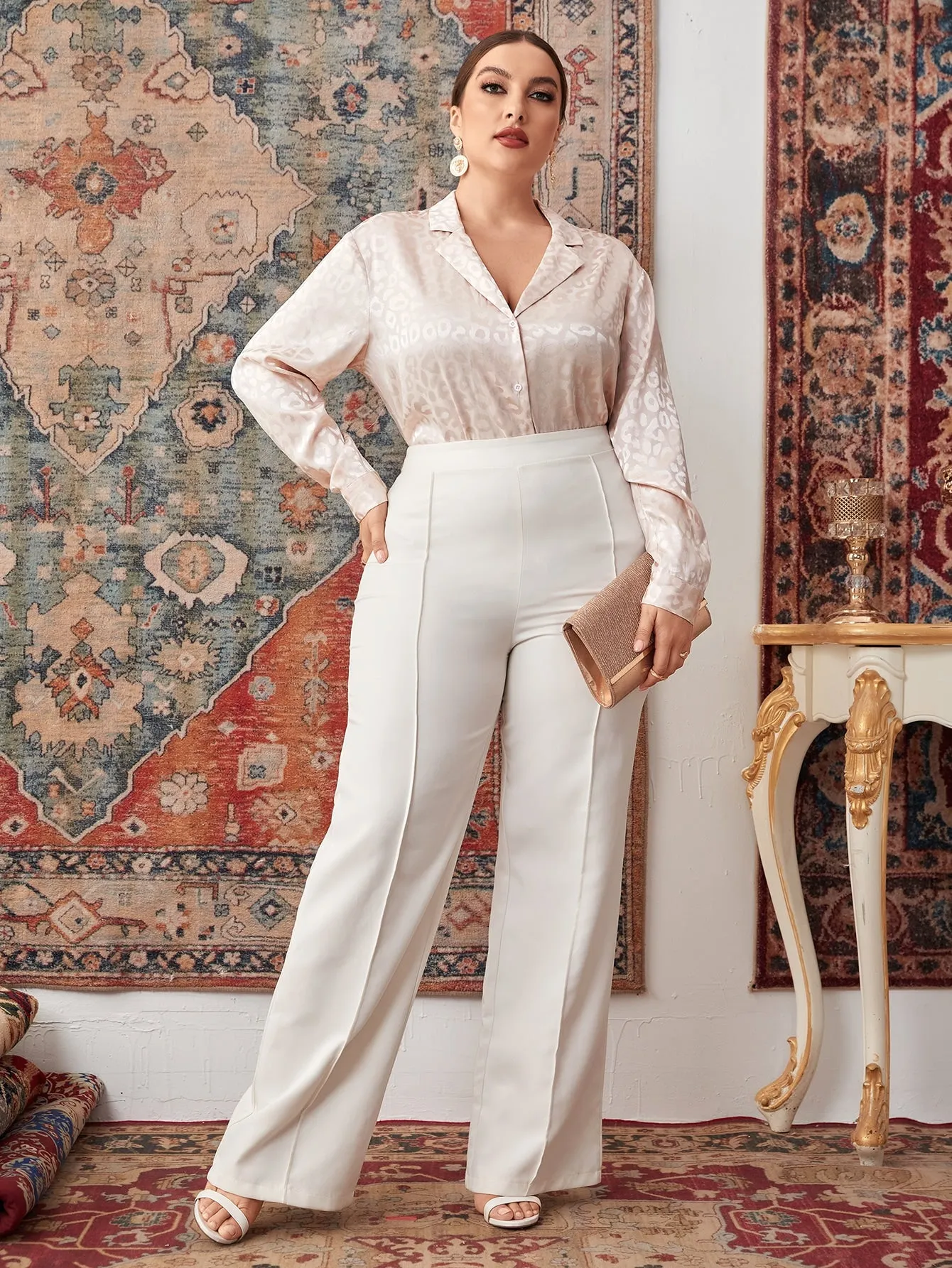Elegant Plain Button Front Long Sleeve Lapel Long Plus Size Blouse