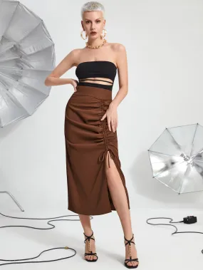Elegant Plain Ruched High Waist Long Women Skirts