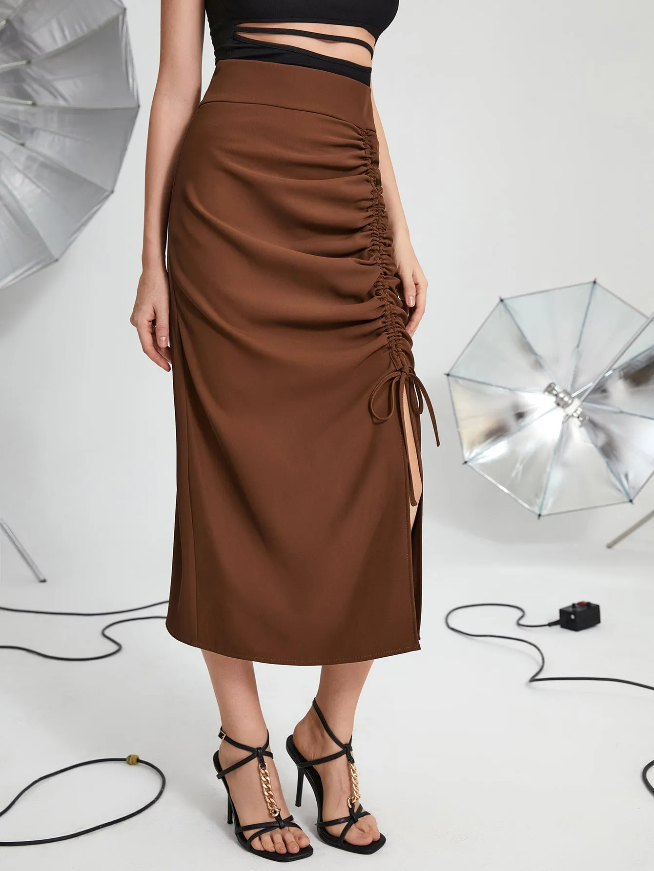 Elegant Plain Ruched High Waist Long Women Skirts