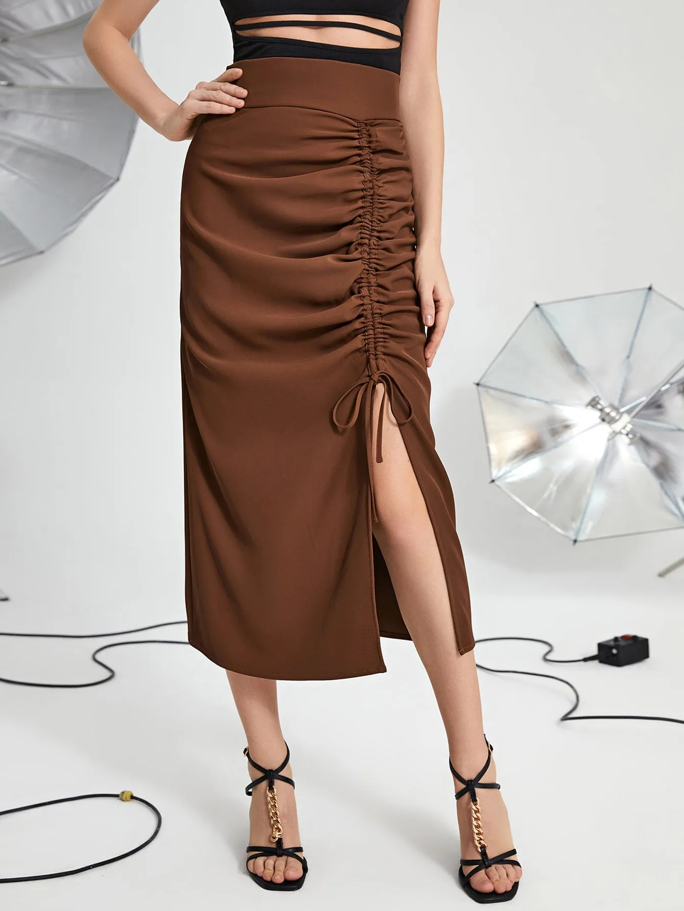 Elegant Plain Ruched High Waist Long Women Skirts