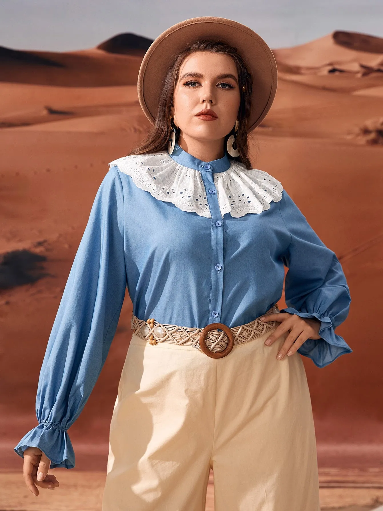 Elegant Plain Ruffle Long Sleeve Stand Collar Regular Plus Size Blouse