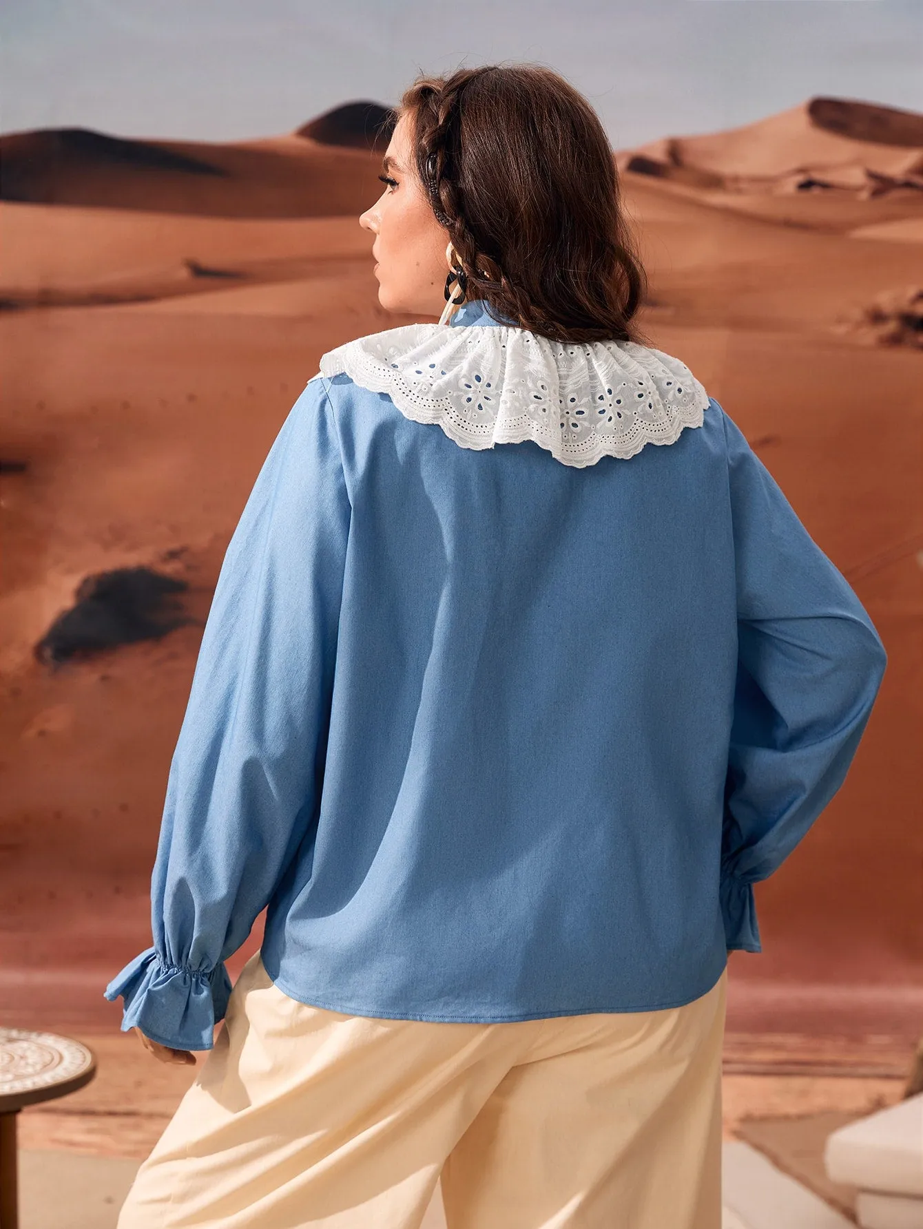 Elegant Plain Ruffle Long Sleeve Stand Collar Regular Plus Size Blouse