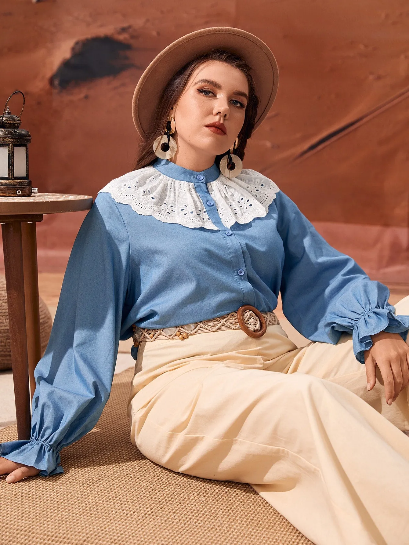 Elegant Plain Ruffle Long Sleeve Stand Collar Regular Plus Size Blouse