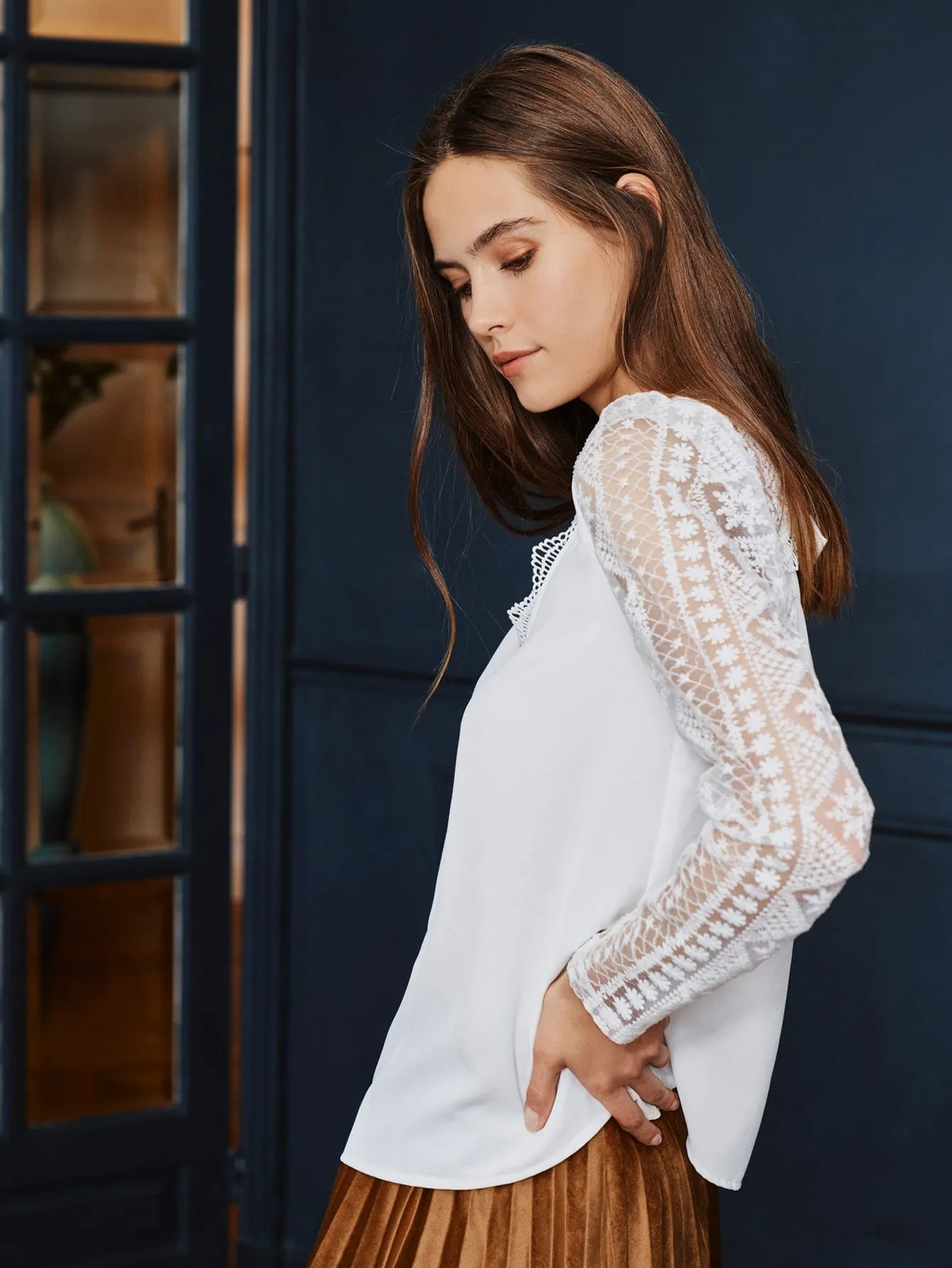 Elegant Plain Tie Back Long Sleeve V Neck Regular Blouse