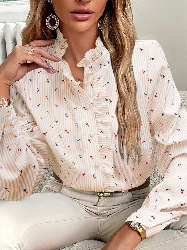 Elegant Vertical Stripe Blouse | Long Sleeves, Frill Accents, Button-Up Shirt