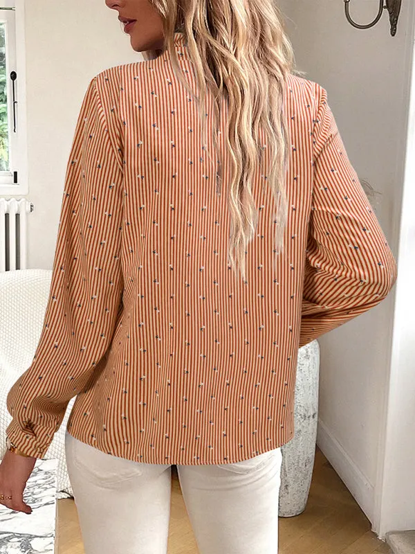 Elegant Vertical Stripe Blouse | Long Sleeves, Frill Accents, Button-Up Shirt