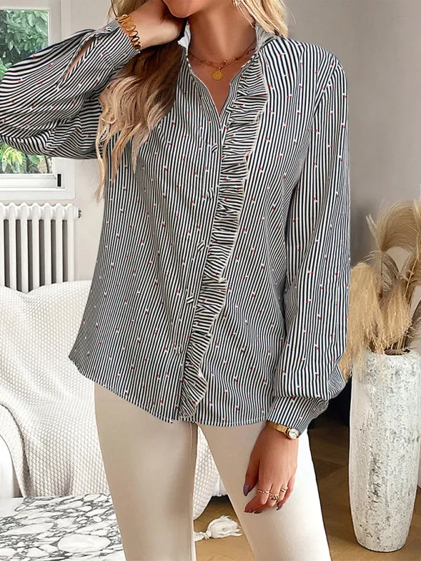Elegant Vertical Stripe Blouse | Long Sleeves, Frill Accents, Button-Up Shirt
