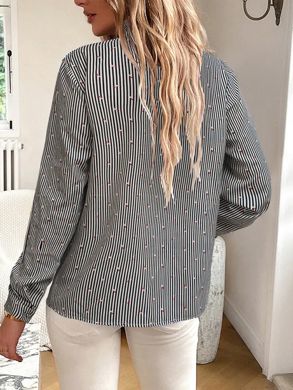 Elegant Vertical Stripe Blouse | Long Sleeves, Frill Accents, Button-Up Shirt