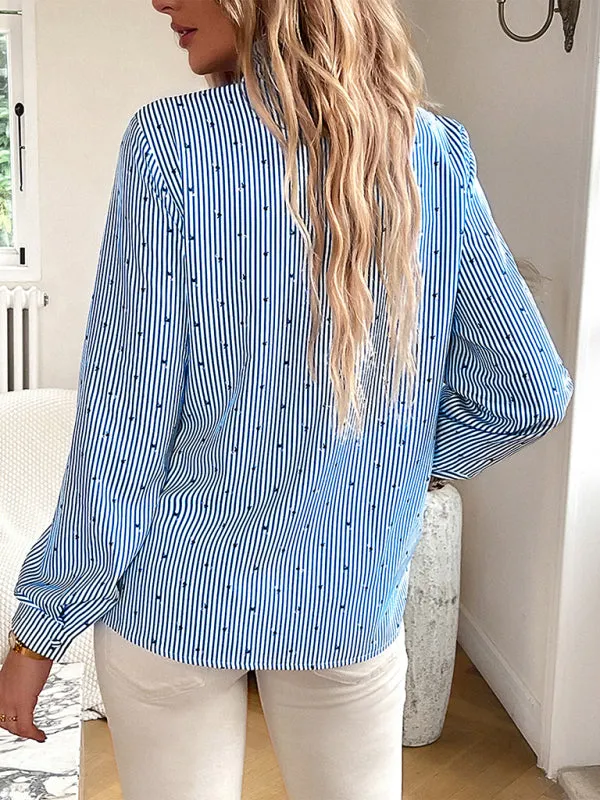 Elegant Vertical Stripe Blouse | Long Sleeves, Frill Accents, Button-Up Shirt
