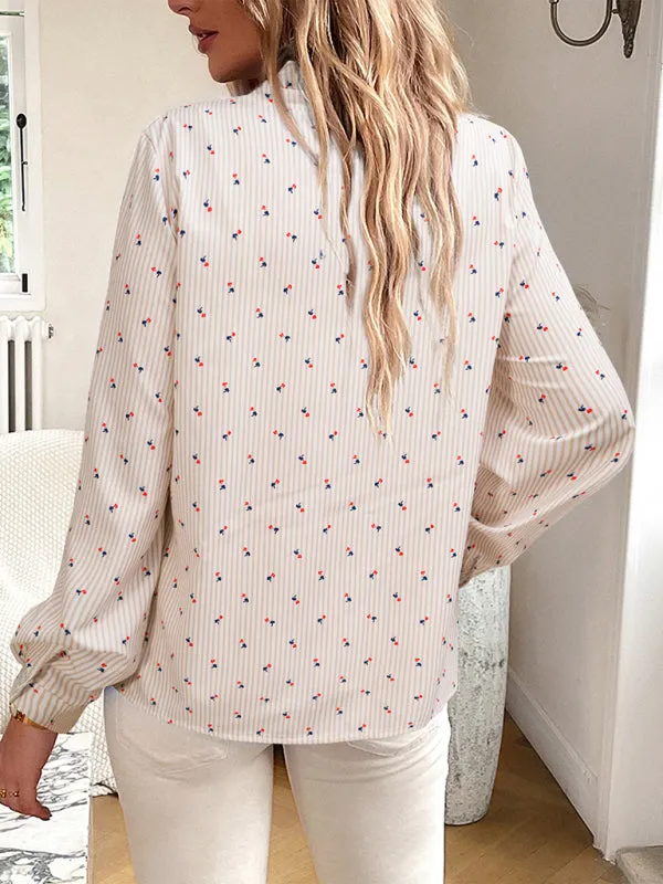 Elegant Vertical Stripe Blouse | Long Sleeves, Frill Accents, Button-Up Shirt