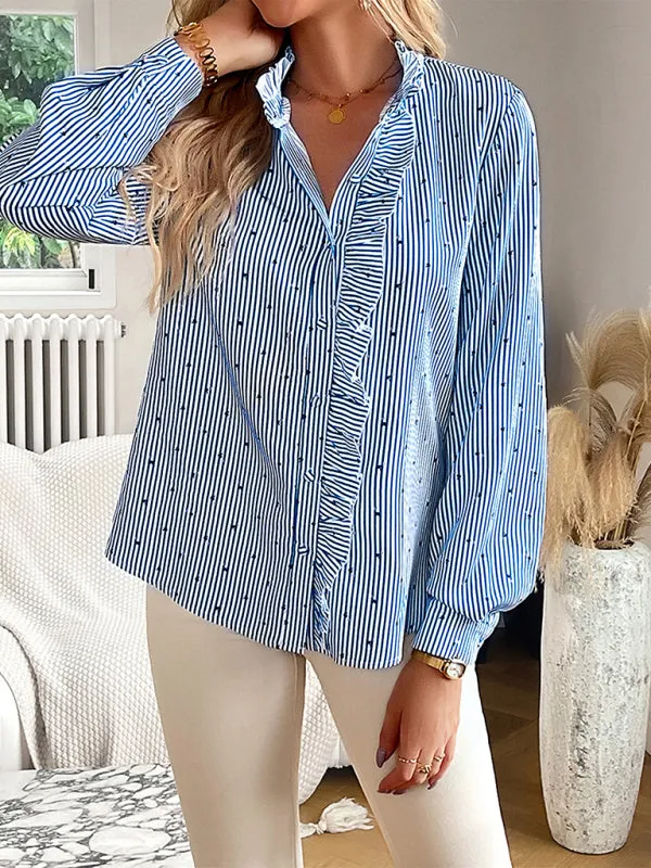 Elegant Vertical Stripe Blouse | Long Sleeves, Frill Accents, Button-Up Shirt