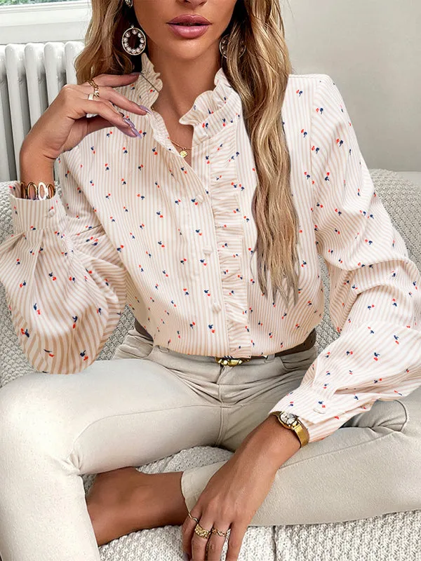 Elegant Vertical Stripe Blouse | Long Sleeves, Frill Accents, Button-Up Shirt