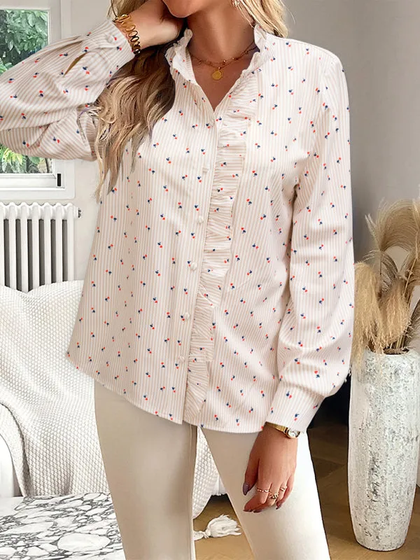 Elegant Vertical Stripe Blouse | Long Sleeves, Frill Accents, Button-Up Shirt