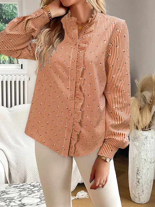 Elegant Vertical Stripe Blouse | Long Sleeves, Frill Accents, Button-Up Shirt