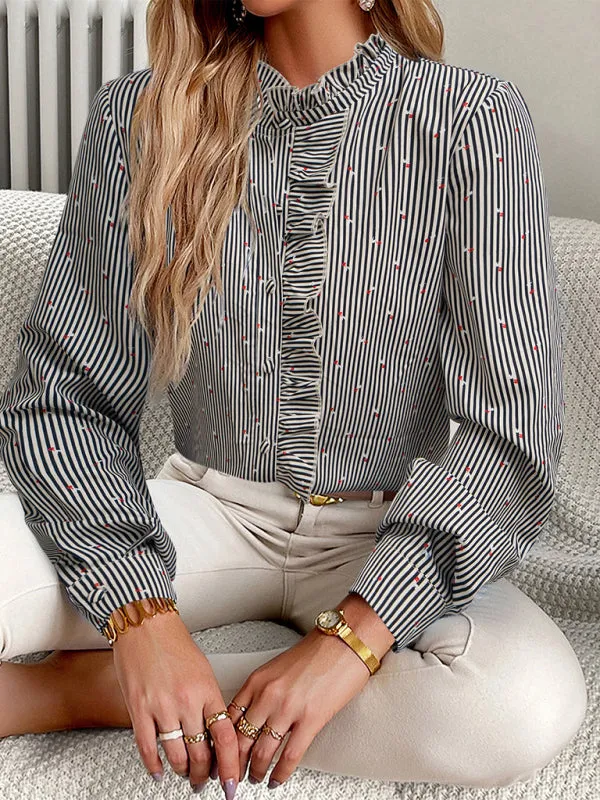 Elegant Vertical Stripe Blouse | Long Sleeves, Frill Accents, Button-Up Shirt