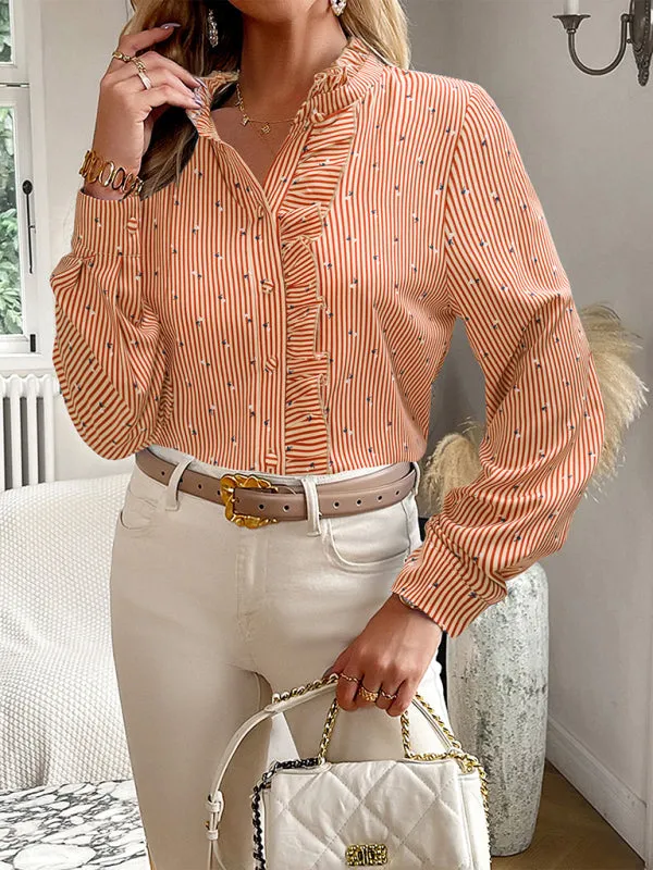 Elegant Vertical Stripe Blouse | Long Sleeves, Frill Accents, Button-Up Shirt
