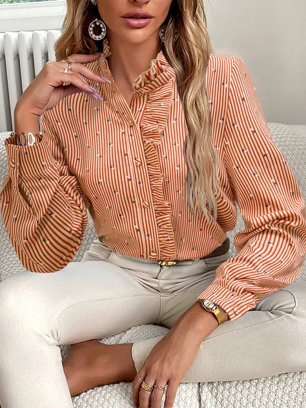Elegant Vertical Stripe Blouse | Long Sleeves, Frill Accents, Button-Up Shirt