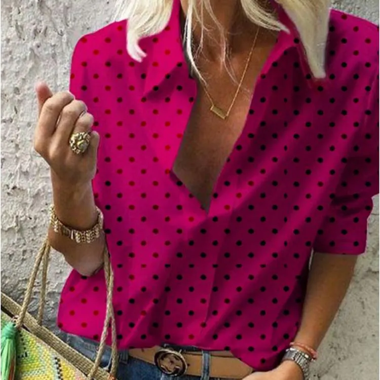 Europe Poker Dots Printed V-Neck Long Sleeved Shirt Loose Blouse