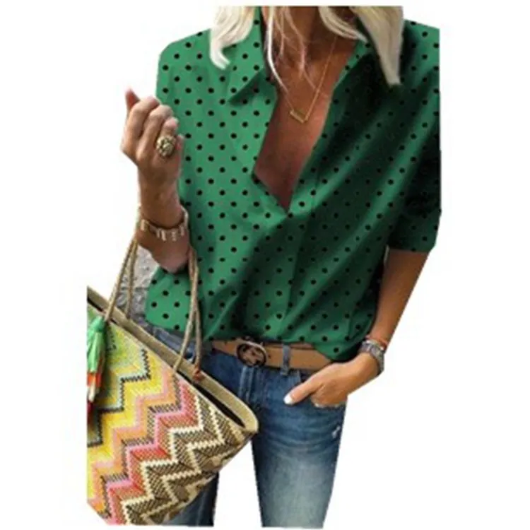 Europe Poker Dots Printed V-Neck Long Sleeved Shirt Loose Blouse