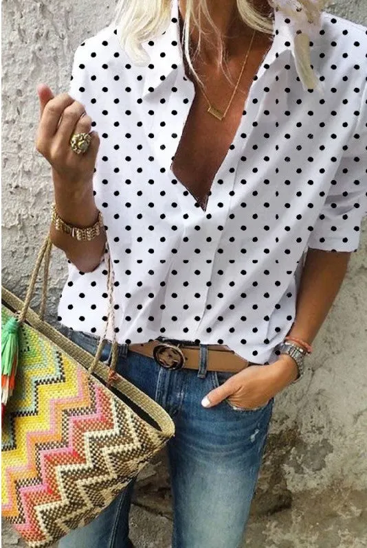 Europe Poker Dots Printed V-Neck Long Sleeved Shirt Loose Blouse