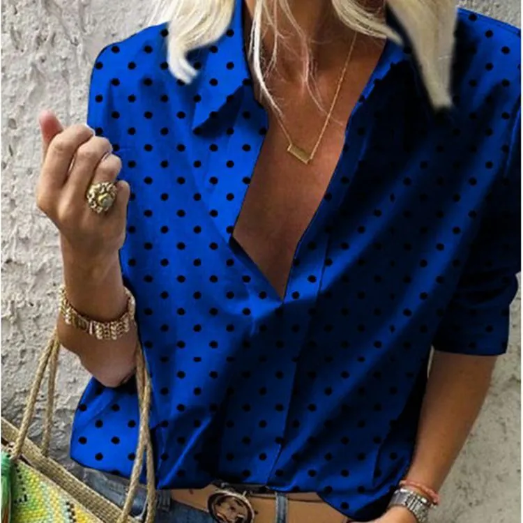 Europe Poker Dots Printed V-Neck Long Sleeved Shirt Loose Blouse