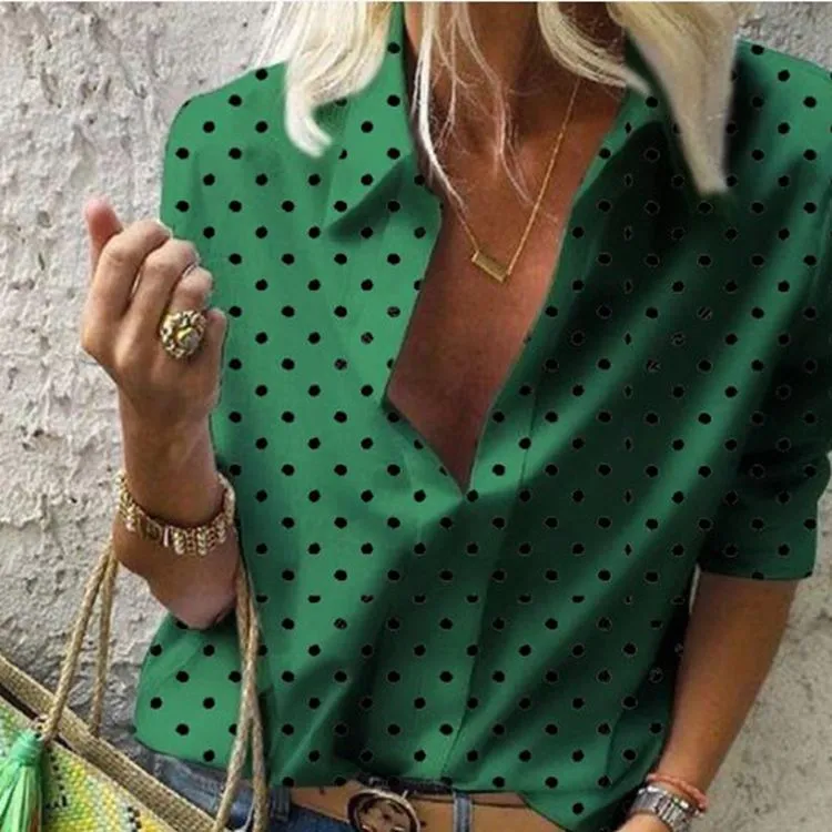 Europe Poker Dots Printed V-Neck Long Sleeved Shirt Loose Blouse
