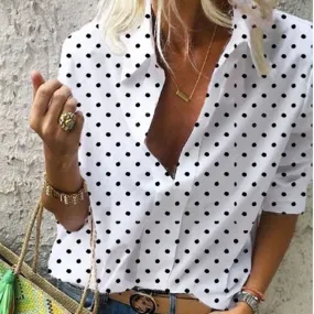 Europe Poker Dots Printed V-Neck Long Sleeved Shirt Loose Blouse