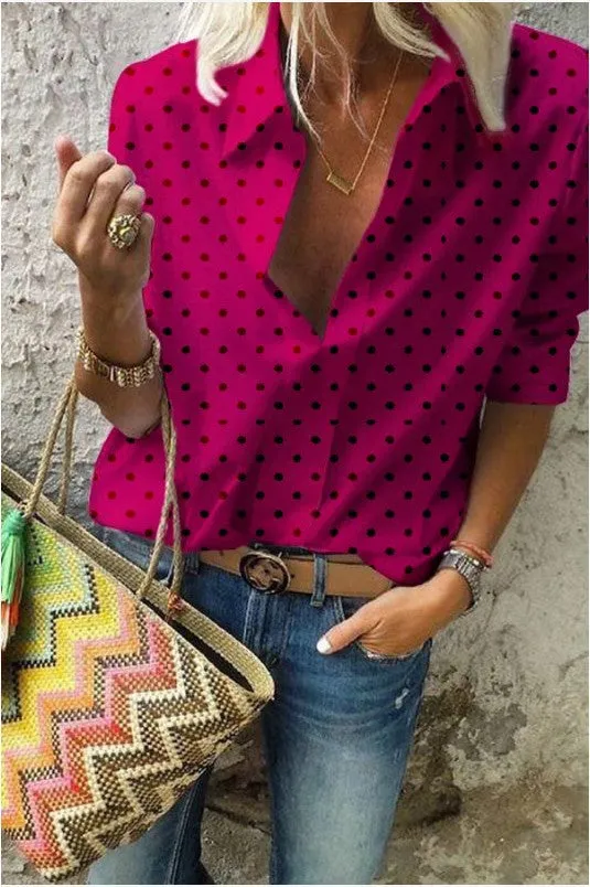Europe Poker Dots Printed V-Neck Long Sleeved Shirt Loose Blouse