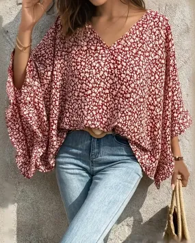 Floral print batwing sleeve elegant top