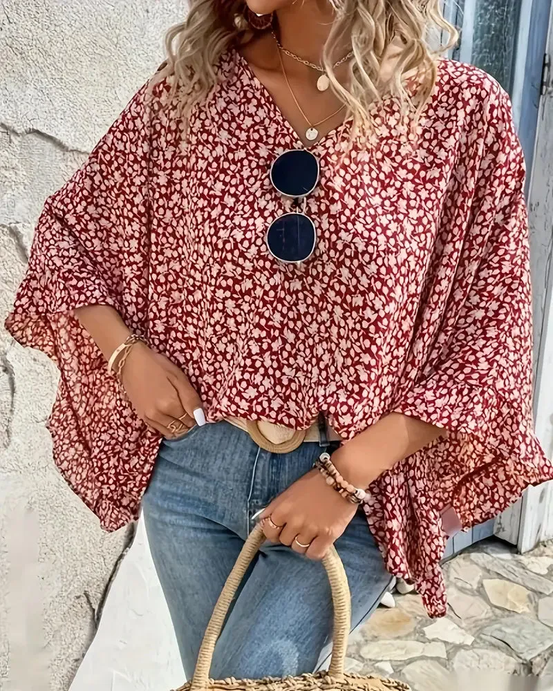Floral print batwing sleeve elegant top