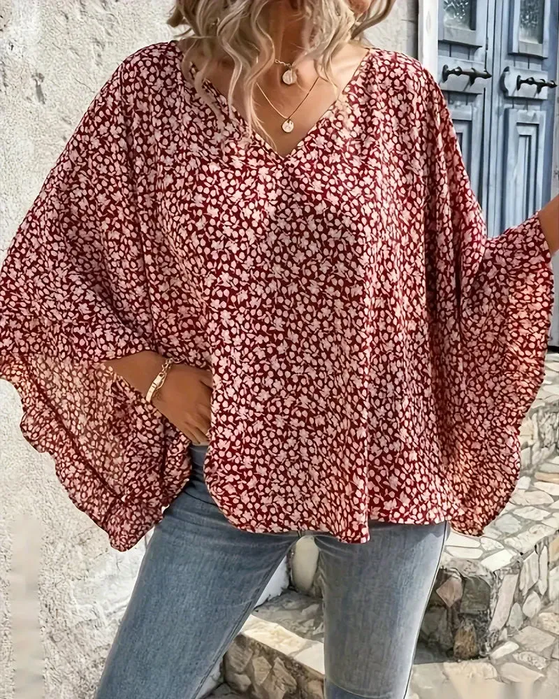 Floral print batwing sleeve elegant top