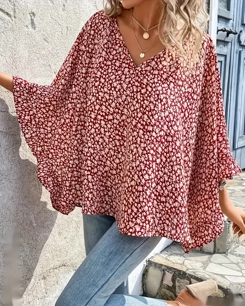 Floral print batwing sleeve elegant top