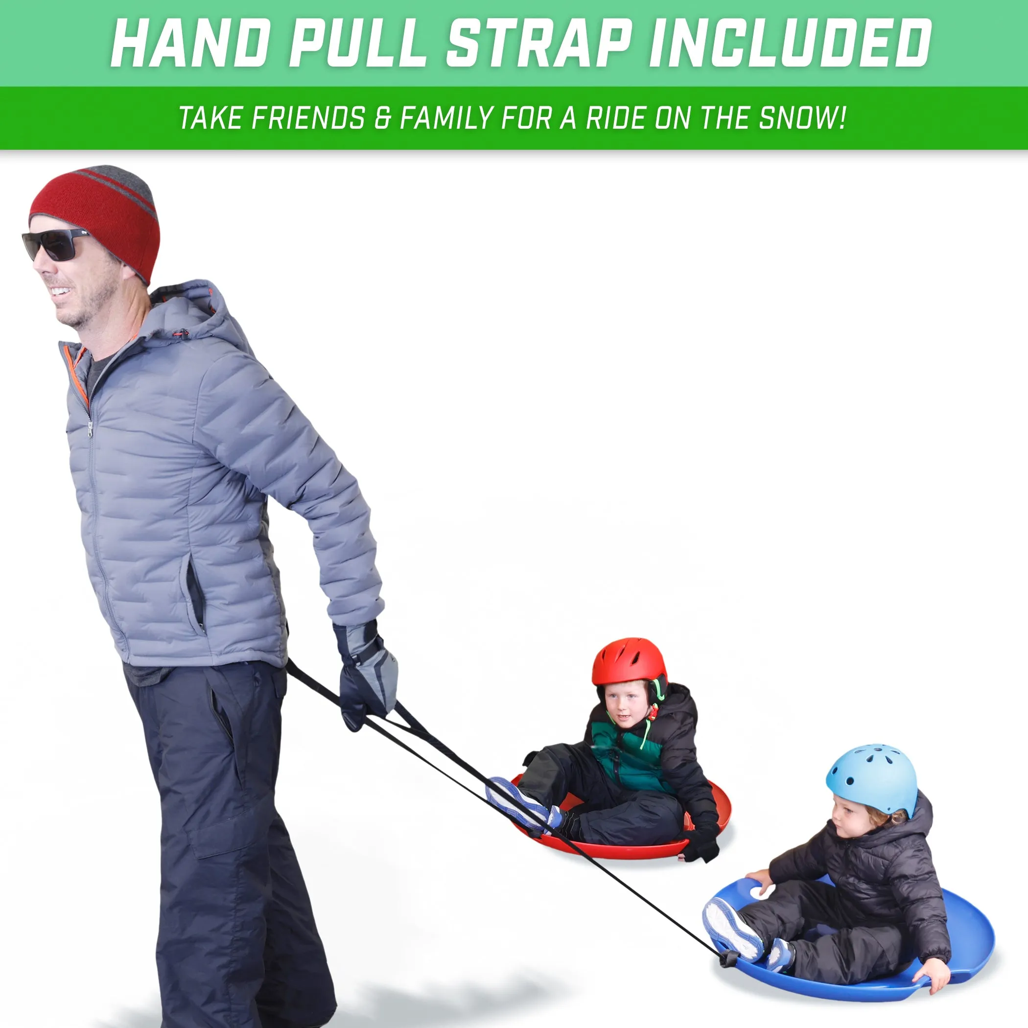 GoSports 29" Heavy Duty Winter Snow Saucer with Padded Seat and Hand Pull Strap - 2 Pack -Red/Blue