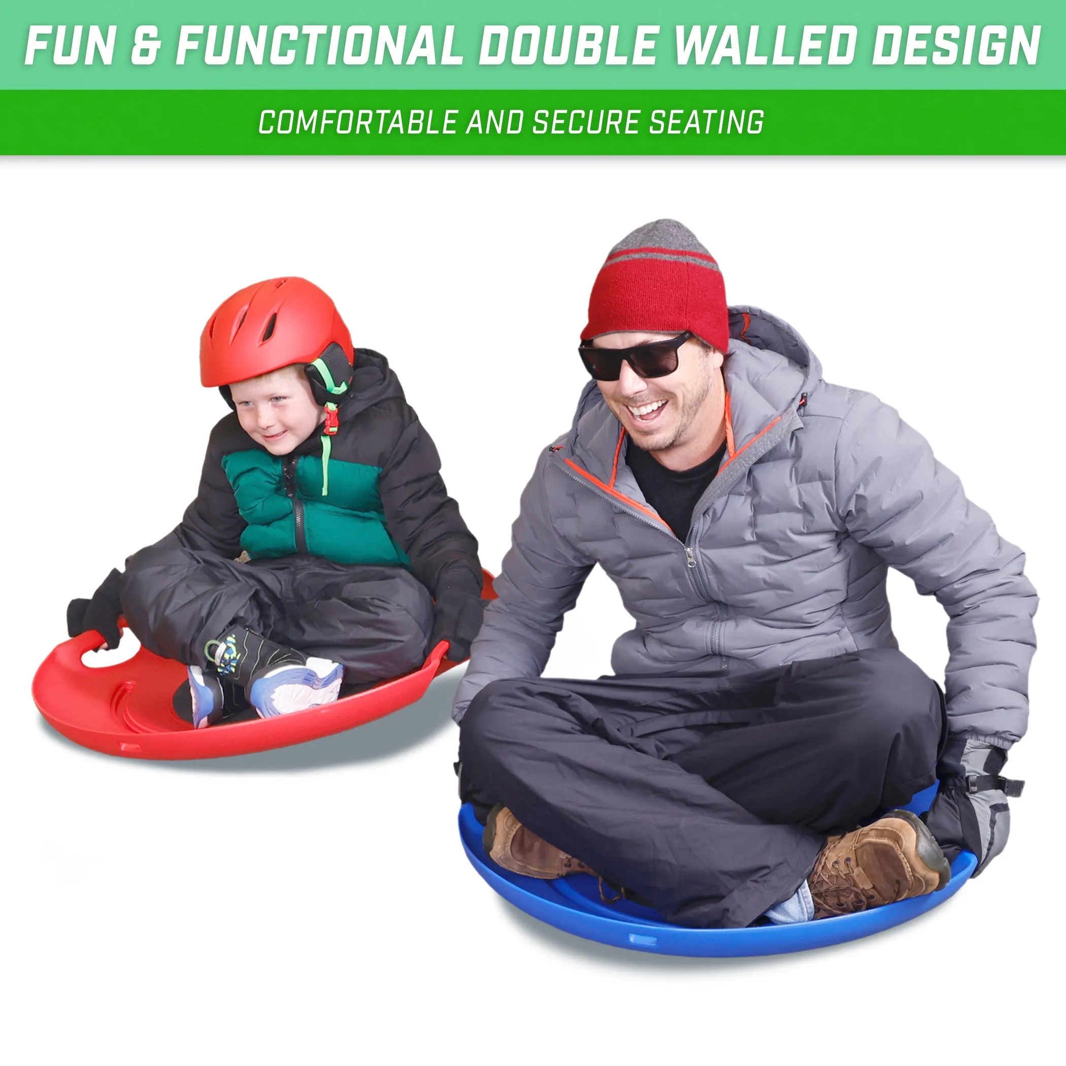 GoSports 29" Heavy Duty Winter Snow Saucer with Padded Seat and Hand Pull Strap - 2 Pack -Red/Blue