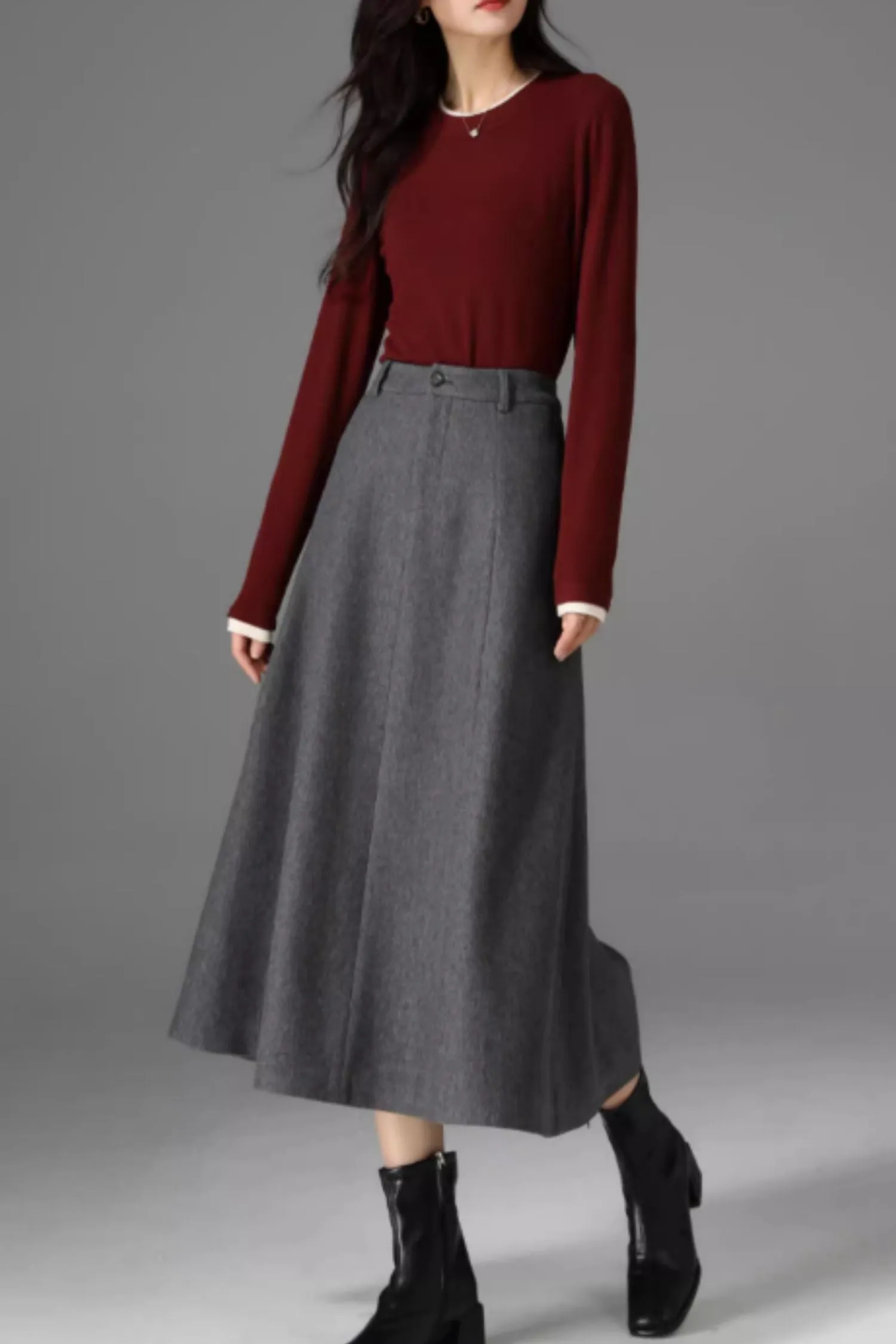 Gray midi winter wool skirt women 5470