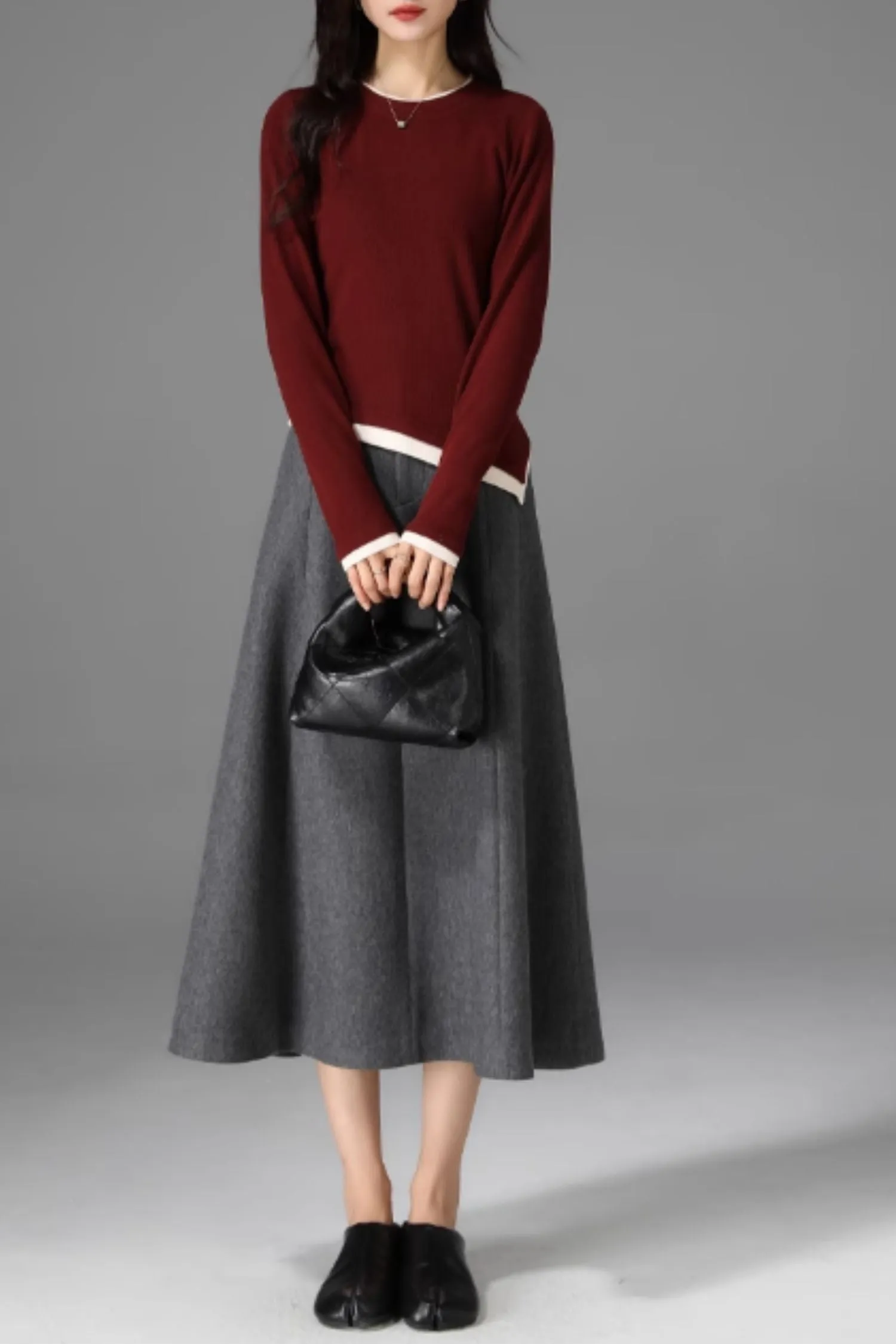 Gray midi winter wool skirt women 5470