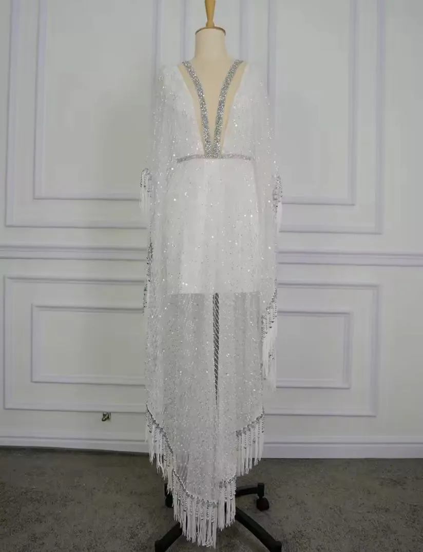 Illusion Tassel Sequins Dubai Evening Dress Glitter Beading Crystal Formal Party Gown  070397