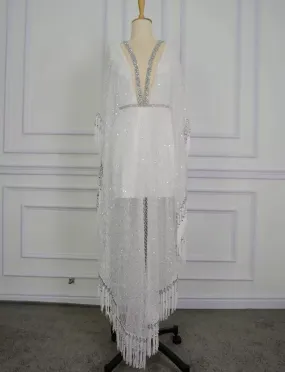 Illusion Tassel Sequins Dubai Evening Dress Glitter Beading Crystal Formal Party Gown  070397