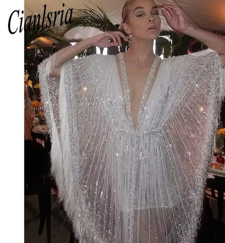 Illusion Tassel Sequins Dubai Evening Dress Glitter Beading Crystal Formal Party Gown  070397