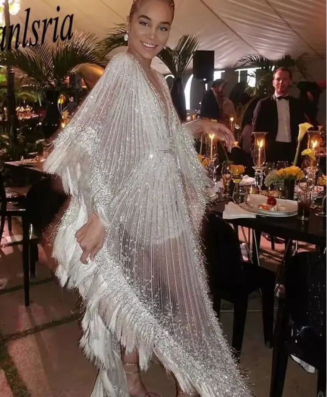 Illusion Tassel Sequins Dubai Evening Dress Glitter Beading Crystal Formal Party Gown  070397