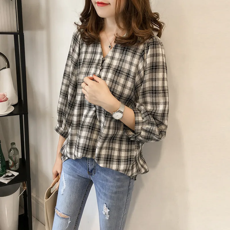 Korean All-Matching Loose Lantern Sleeve Chequered Women Three-Quarter Length Sleeves Tops Trendy Casual Blouse