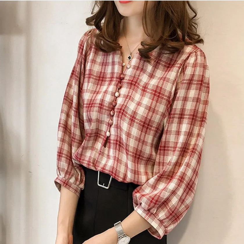 Korean All-Matching Loose Lantern Sleeve Chequered Women Three-Quarter Length Sleeves Tops Trendy Casual Blouse